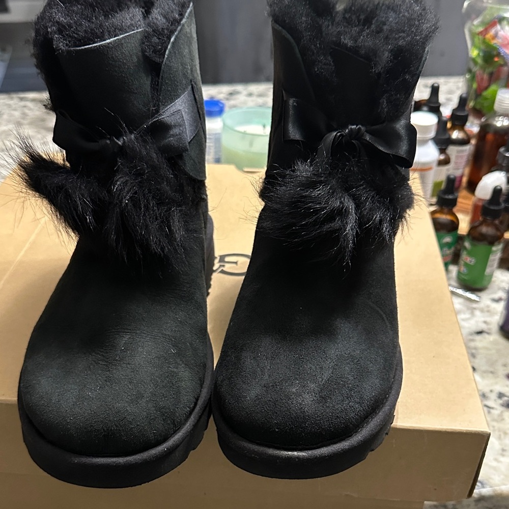 UGG Black Suede Fur-Trimmed Boots